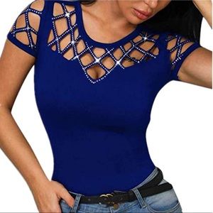 Rhinestone Diamond Hollow-Out Short sleeved top.